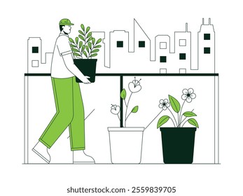 Man walking while carrying a large potted plant on a balcony with a city background, there are two other potted plants already placed, urban farming vector illustration.