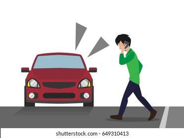 a man walking while talking on the mobile phone without noticing a car , cartoon style , isolated on white background vector