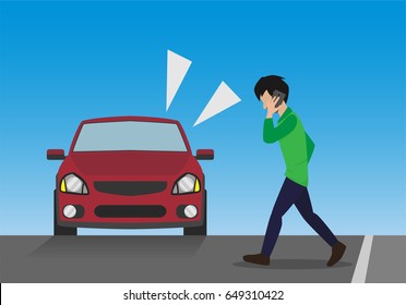 a man walking while talking on the mobile phone without noticing a car , cartoon style , vector