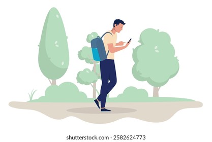 Man walking while using mobile phone - Person in park or forest nature looking at screen using smartphone outdoors. Always online concept in flat design vector illustration on white background