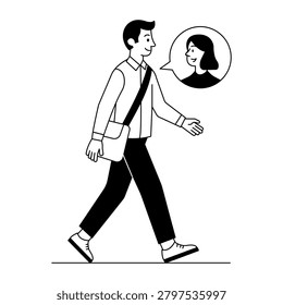 A man walking while viewing a small profile bubble.