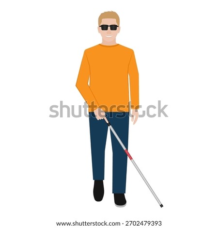 ฺBlind Man Walking with White Cane. Visually Impaired People. Vector Illustration. 