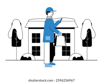 Man walking in winter season while carrying shopping bag and using phone. Design character. Vector flat illustration