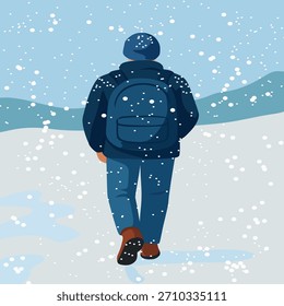 Homem caminhando em tempestade de neve de inverno com mochila, ilustração vetor plana.  