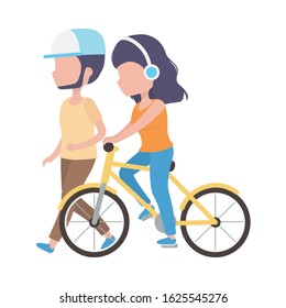 man walking and woman with headphones riding bike vector illustration