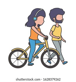 man walking and woman riding electric scooter with earphones healthy lifestyle vector illustration