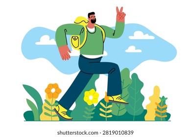 Man walking in the woods flat design