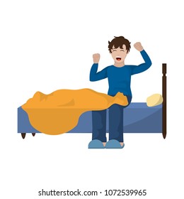 man walking up and yawning in the bed