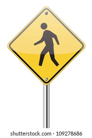 Man walking yellow sign on white