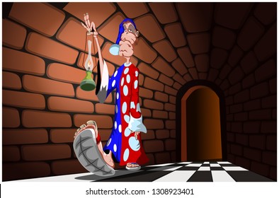 A man walks along a dark corridor with a lamp in his hands, vector illustration