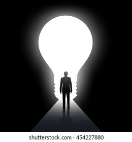 Man walks along the dark corridor. Exit in the form of light bulb. Stock vector illustration.