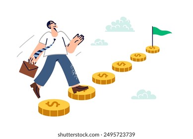 Man walks along path of money, climbing up to goal thanks to presence of financial savings. Business guy achieves financial success in life and strives to become millionaire through investment