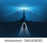 Man walks along the road leads to the light of the lighthouse. Stock vector illustration