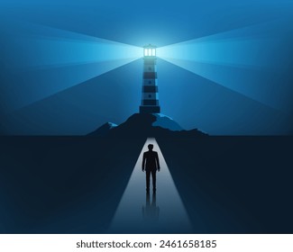 Man walks along the road leads to the light of the lighthouse. Stock vector illustration