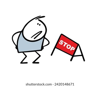 Man walks along the road and meets obstacle. Vector illustration of stickman stopped and looked at the prohibition sign. There is no way out,  hand drawn construction.   Isolated on white background.