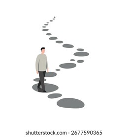 El hombre camina por un camino sinuoso de huellas grises sobre una superficie blanca, simbolizando el progreso y la dirección, creando una sensación de viaje.