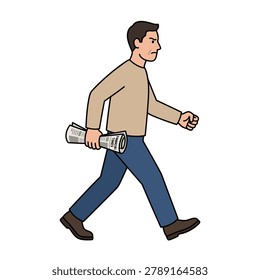 A man walks with an angry expression while holding a business newspaper. He wearing long-sleeved shirt and pants. Flat vector mascot illustration.