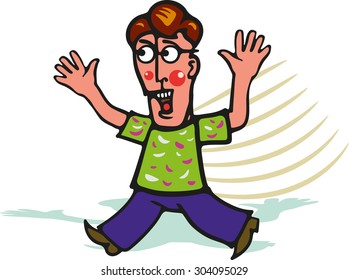 A man walks.
Man with arms raised and looking moves in the same direction.