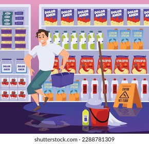 Man walks around a puddle on wet floor in supermarket to avoid falling and injury, flat cartoon vector illustration. Buyer in store warned about wet floor danger.