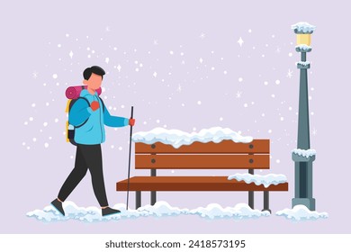 Man walks with a backpack when traveling in winter. Traveling with bag or suitcase.