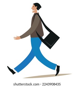 A man walks with a bag over his shoulder. White background
