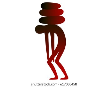 The man walks bent over. On his back are three large stones. Can be used for medicine.