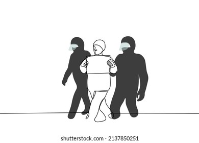 man walks with a blank placard and is taken away by security forces in helmets and body armor - one line drawing vector. concept absurd ban on single picket with blank placard 
