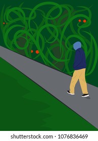 Man walks by the road at night, from the bushes red eyes watching him. Vector illustration