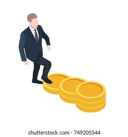  Man walks career ladder, Become rich success isometric vector, businessman steps of gold coins isolated on white background