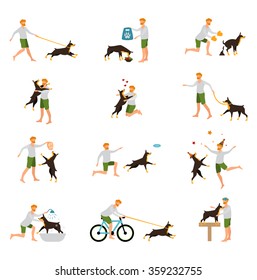 Man walks and caring for your dog. Set of isolated flat icons.