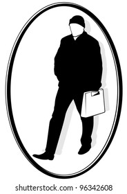 A man walks and carries a bag. Black and white illustration.
