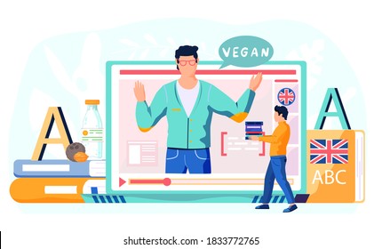 A man walks and carries books or DVDs in his hands near english dictionary. Student on online lesson on veganism. Teacher on tablet screen explains new topic about vegan products in english