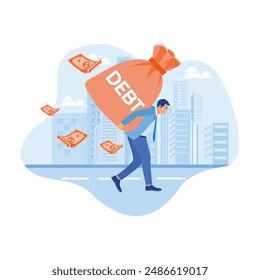 A man walks carrying a burden of debt. Bank loans that entrepreneurs must pay. Debt burden concept. Flat vector illustration.