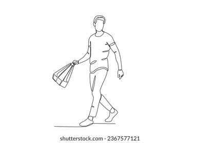 A man walks in carrying a shopping bag. Black Friday one-line drawing