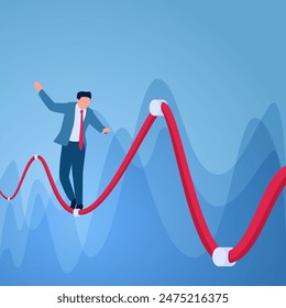 A man walks cautiously on a tightrope as the graph rises and falls, an illustration of volatility.