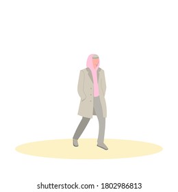 Man walks in a coat and a pink hoodie. Flat vector illustration isolated on white background.