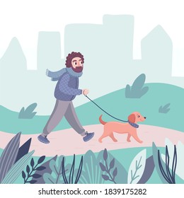 A man walks with a dachshund dog. A male character spends time with a relaxing with a pet, puppy in the park. Cartoon flat vector illustration isolated on white background.