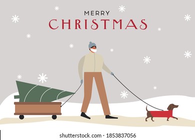 man walks the dog and carries a Christmas tree. covid 19. face mask. vector flat illustration. Christmas discounts