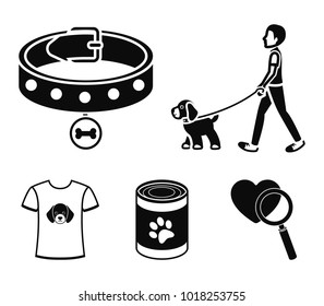 A man walks with a dog, a collar with a medal, food, a T-shirt I love dog.Dog set collection icons in black style vector symbol stock illustration web.
