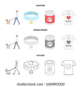 A man walks with a dog, a collar with a medal, food, a T-shirt I love dog.Dog set collection icons in cartoon,outline,monochrome style vector symbol stock illustration web.
