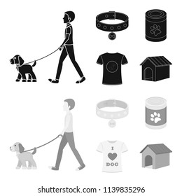 A man walks with a dog, a collar with a medal, food, a T-shirt I love dog.Dog set collection icons in black,monochrom style vector symbol stock illustration web.