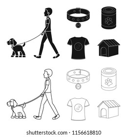 A man walks with a dog, a collar with a medal, food, a T-shirt I love dog.Dog set collection icons in black,outline style vector symbol stock illustration web.