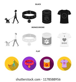 A man walks with a dog, a collar with a medal, food, a T-shirt I love dog.Dog set collection icons in black, flat, monochrome style vector symbol stock illustration web.