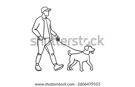 Man walks with dog continious line drawing. Pets, family, domestic animal. Vector illustration