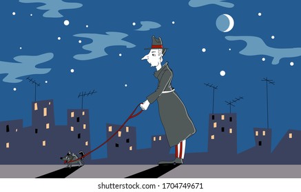 man walks with a dog in the evening