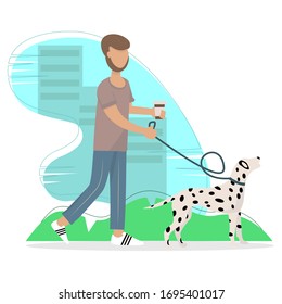 A man walks with a dog. Flat illustration.