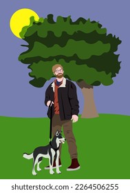 A man walks with a dog in good weather. Vector graphics in a flat style