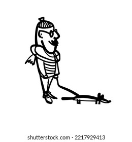 A man walks with a dog. A hand-drawn character. Vector doodle illustration
