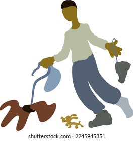 The man walks the dog. In the hands of garbage and shoes. The second shoe on the leg. The other is in a sock. He is in home clothes. There is also a small dog.
