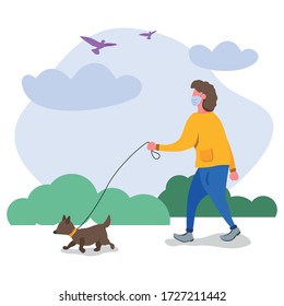 A man walks with a dog in a mask. Dog walking rules during quarantine in the park. Vector illustration in a flat trendy style.